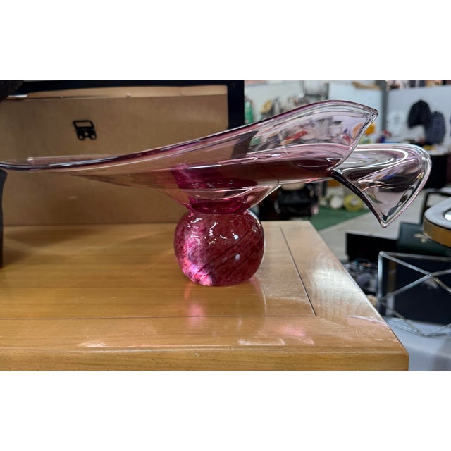 Glass 1414 Bohemia Signed Large Art Glass Bowl Pink 18in For Sale - Image 7 of 9