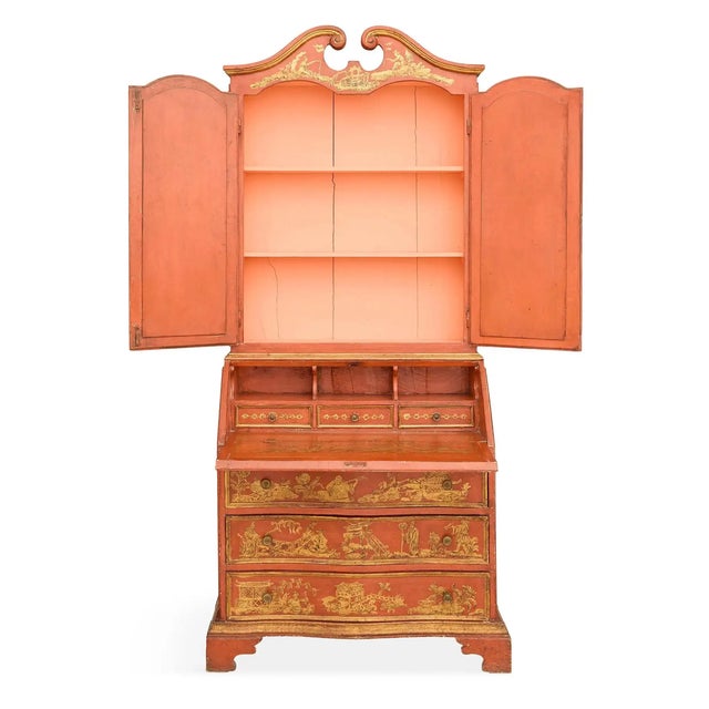 George III-Style Red-Lacquered Chinoiserie Secretary Bookcase 19th century, the upper case with a broken-arch pediment...