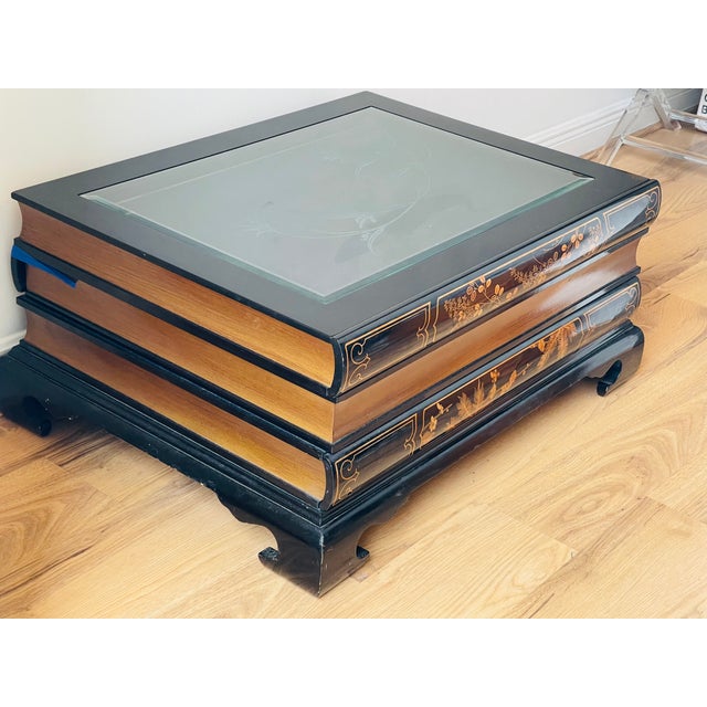 Shabby Chic 1960s Maitland Smith Style Black Lacquer Book Coffee Table With Drawers For Sale - Image 3 of 8