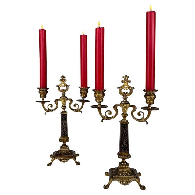 19th Century Antique French Brass and Ebony 2-Light Candelabras, Set of 2 For Sale - Image 10 of 10