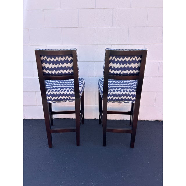 Blue & White Geometric Upholstered Counter Height Chairs With Nailhead Trim, Set of 4 For Sale In San Francisco - Image 6 of 7