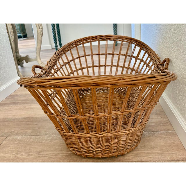 Camel Antique French Farmhouse Extra Large Wooden Basket With Handles For Sale - Image 8 of 10