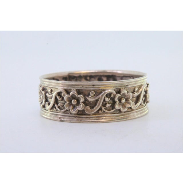 Metal Silver Napkin Ring with Raised Floral Motifs and Monogram Card For Sale - Image 7 of 8