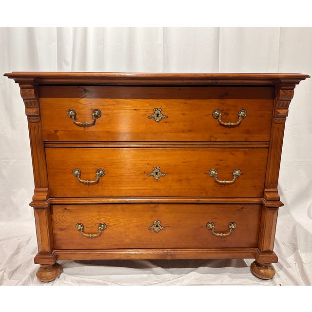 19th C French provincial style stunner chest of drawers on bun feet, crafted from solid pine. Drawers slide beautifully....