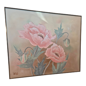 Large Signed Lee Reynolds Peach Poppies Painting, Vanguard Studios Mid-Century Modern Floral Art
