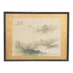 Chinese Mountain Village Landscape Painting On Silk, Custom Framed