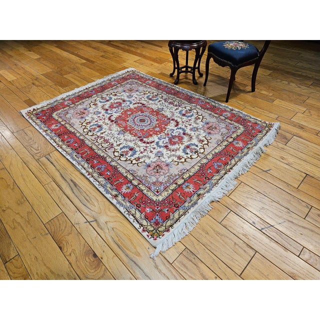 Persian Vintage Persian Tabriz Area Rug, Hand-Knotted Wool & Silk, Floral Pattern, Ivory & Salmon, 5x7 For Sale - Image 3 of 16