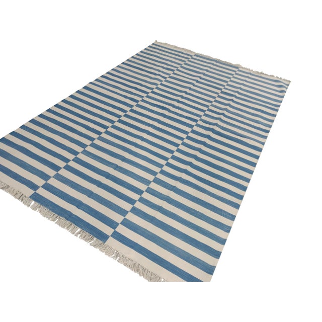 Cornflower Blue Not Yet Made - Made To Order Handmade Cotton Striped Rug, Washed Blue and White - 10'x14' For Sale - Image 8 of 8