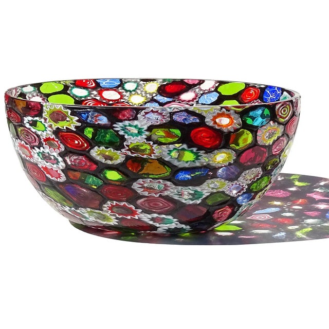 Beautiful large vintage Murano hand blown millefiori flower or star mosaic Italian art glass centerpiece tall bowl....