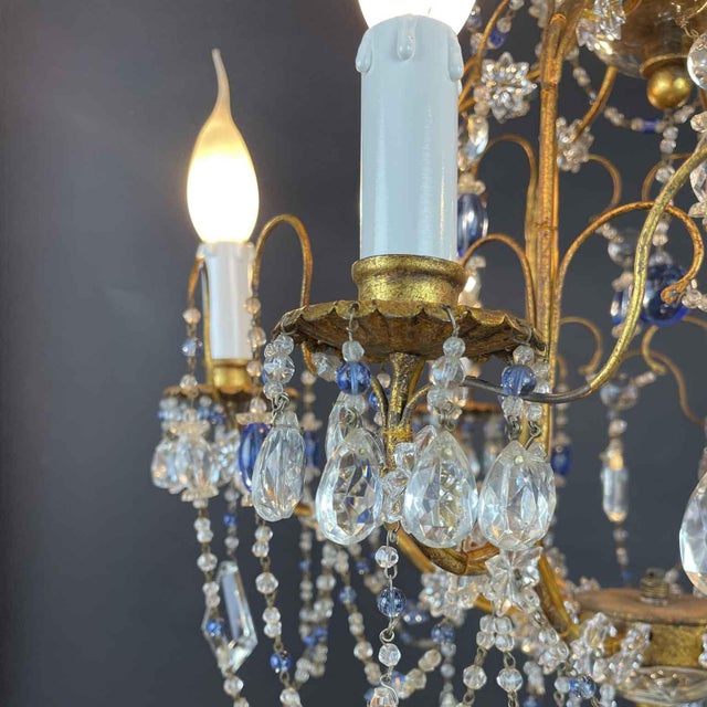 Chandelier in Golden Iron and Light Blue Crystals, 1950s For Sale - Image 6 of 14