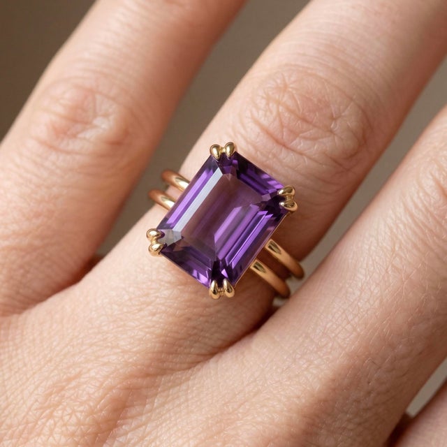 Contemporary 14k Yellow Gold Plated Emerald-Cut Amethyst Statement Ring – Double Band Solitaire Ring, Size 7 For Sale - Image 3 of 6