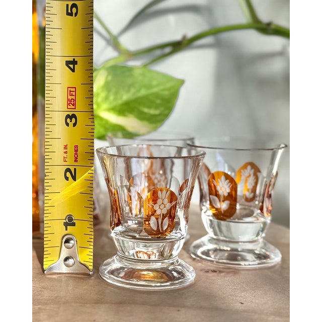 Vintage Art Deco Amber Cut Floral Etched Crystal Decanter Set With 6 Glasses - 7 pcs For Sale - Image 11 of 12