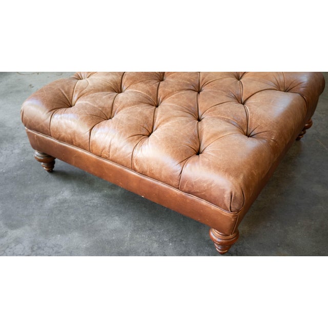Vintage Thomasville Tufted Distressed Leather Chesterfield Cocktail Ottoman For Sale - Image 13 of 14