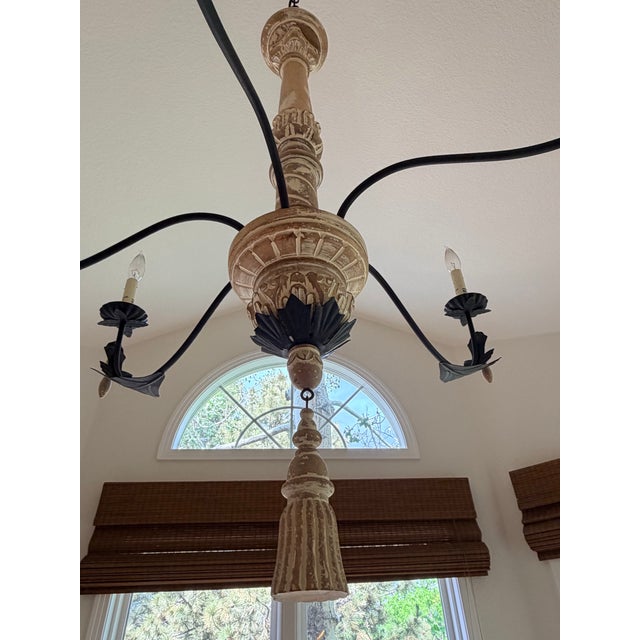 Spanish Colonial Style Iron & Carved Wood Five-Light Chandelier For Sale - Image 9 of 9