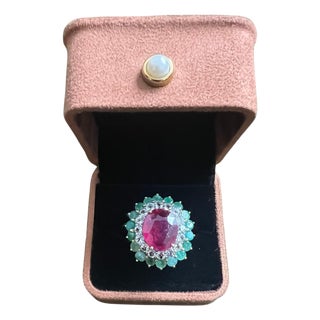 Bochic "Orient" Vintage Emerald, Ruby & Diamond Ring Set In 18K Gold & Silver For Sale