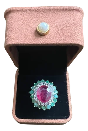 Bochic "Orient" Vintage Emerald, Ruby & Diamond Ring Set In 18K Gold & Silver