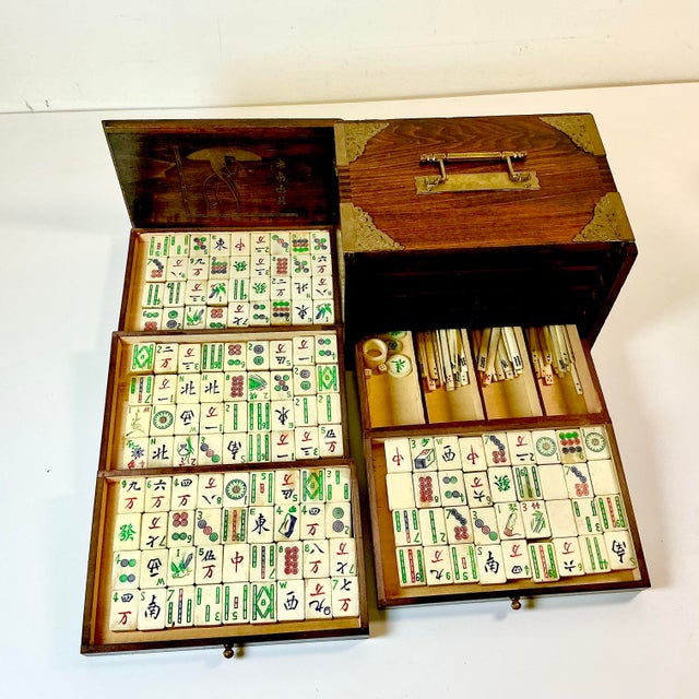 Chinoiserie Late 19th C. Antique Chinese Boho Chic Chinoiserie Mahjong Game Set, Walnut & Brass Box For Sale - Image 3 of 18