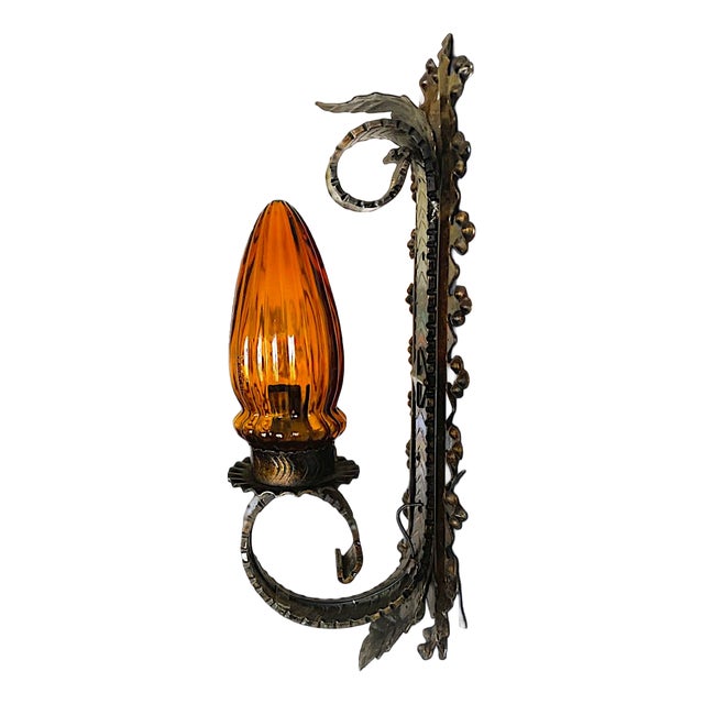 Portuguese Gothic Style Wall Sconce in Wrought Iron with Amber Glass Lampshade, 1960s For Sale