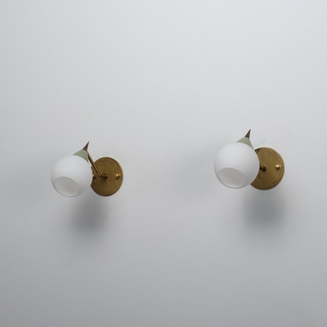 Metal Italian Brass and Opaline Glass Sconces with Light Green Details, 1950s, Set of 2 For Sale - Image 7 of 9