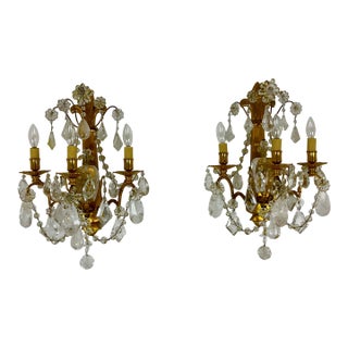 Large Gilt Brass and Rock Crystal Wall Sconce Pair For Sale