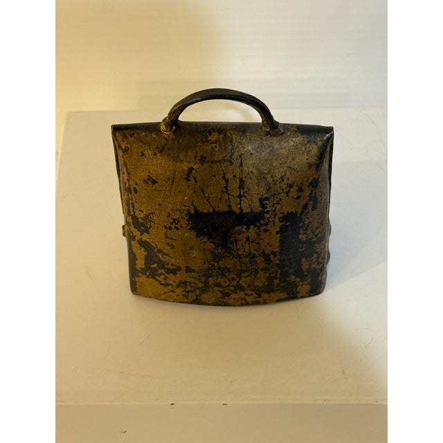 Gold Vintage German Primitive Metal Cowbell With Rustic Patina and Clapper 2.75” T For Sale - Image 8 of 12