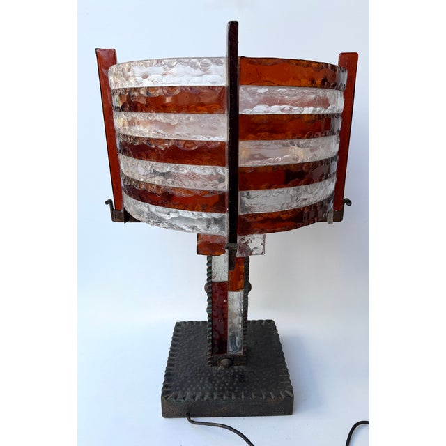 Red Large Hammered Glass Wrought Iron Lamp by Longobard, Italy, 1970s For Sale - Image 8 of 12