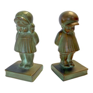 Antique Bronzed Metal 'Little Darlings' German Boy & Girl Bookends Circa 1920's For Sale