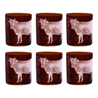 ARTEL Barnyard Collection Cow Double Old Fashioned Glasses in Mahogany, Set of 6 For Sale