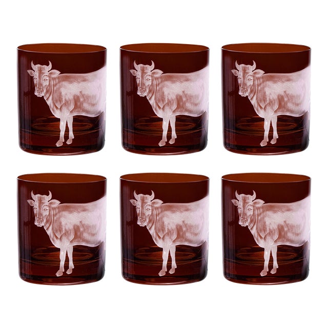ARTEL Barnyard Collection Cow Double Old Fashioned Glasses in Mahogany, Set of 6 For Sale