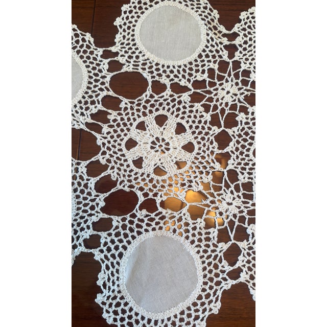 Vintage Handmade Linen and Lace Table Runner For Sale - Image 11 of 11