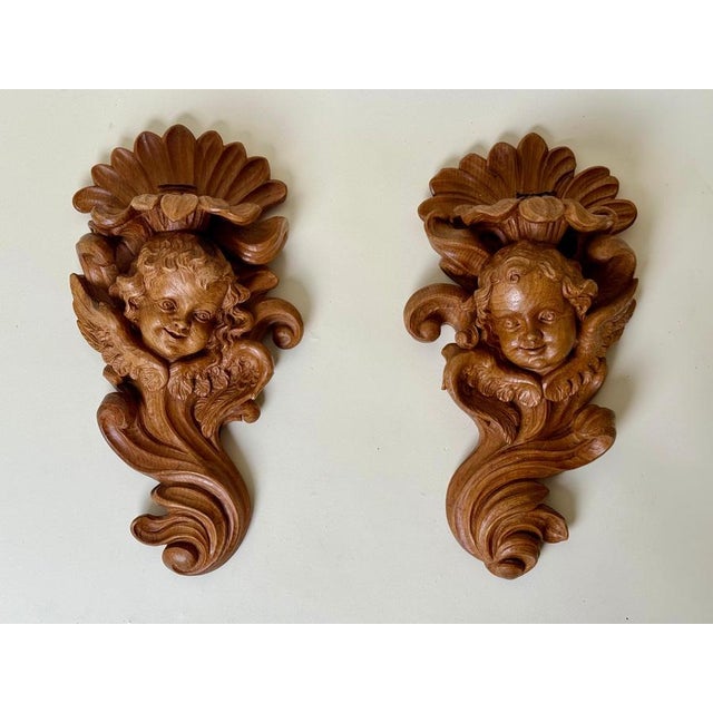European Alpine Baroque Style Hand-Carved Cherub Wall Sconces in Spruce, 1970, Set of 2 For Sale - Image 9 of 18