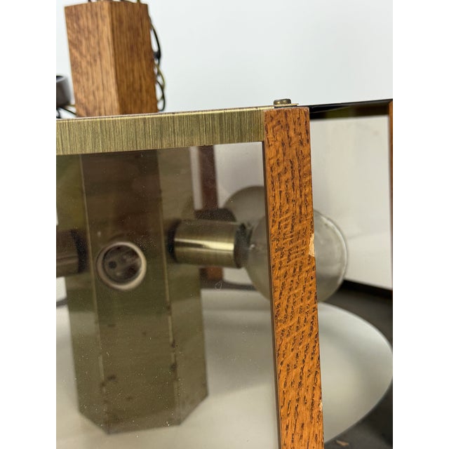 Wood 1970s Fredrick Ramond Hexagonal Brass Oak Wood Smoke Glass Chandelier For Sale - Image 7 of 11