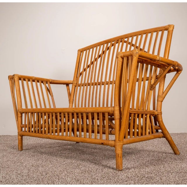 Boho Chic 1980s Vintage Coastal Stick Bamboo Rattan Loveseat Settee After Bielecky For Sale - Image 3 of 11