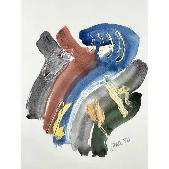 Contemporary 1986 Abstract Watercolor with Clothespin by Russ Armstrong, Framed For Sale - Image 3 of 7