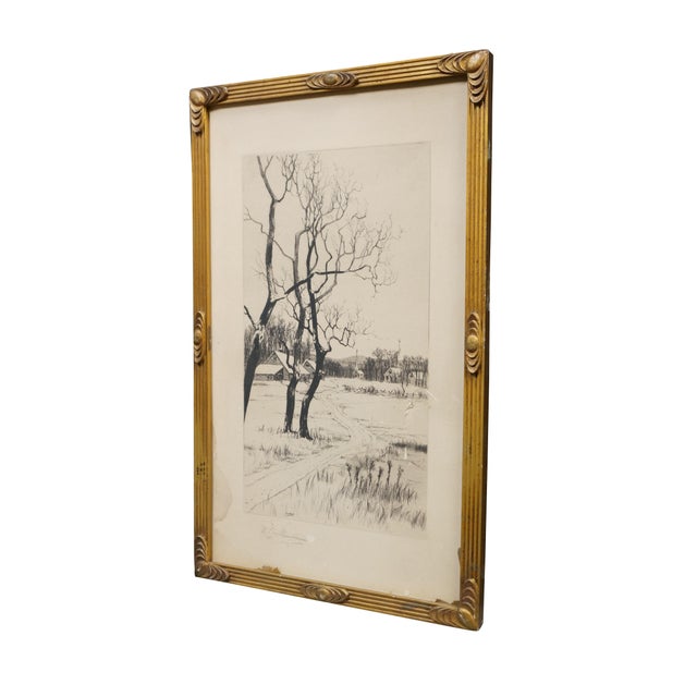 Realism Antique Ernest C Rost Road to Village Church Winter Snow Landscape Etching 23" For Sale - Image 3 of 10