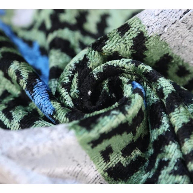 Blue Handmade Green Tiger Velvet Lumbar Pillow 16x24 – Artisan Silk Cushion With Blue Accents For Sale - Image 8 of 8