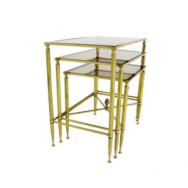 Metal Solid Brass Smoked Glass Set of Three Nesting Stacking Side Occasional Tables For Sale - Image 7 of 7