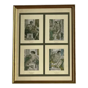 1980s After Michelangelo Ignudi Frescoe Art Framed Male Nudes Sistine Chapel Prints
