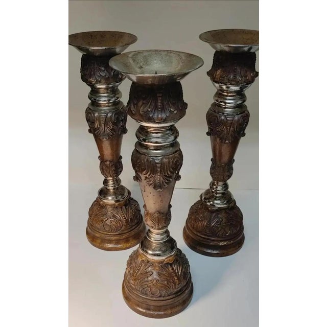 Late 20th Century Late 20th Century Ornate Maitland-Smith Hand-Carved Candle Holders ~ Set of 3 For Sale - Image 5 of 10