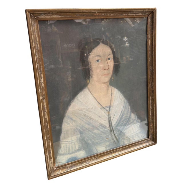 Biedermeier Antique Biedermeier Portrait Painting of a Lady in Blue Dress For Sale - Image 3 of 4