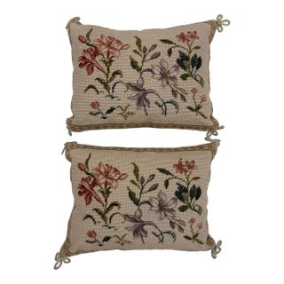 Pair of Katha Diddel Floral Needlepoint Pillows For Sale