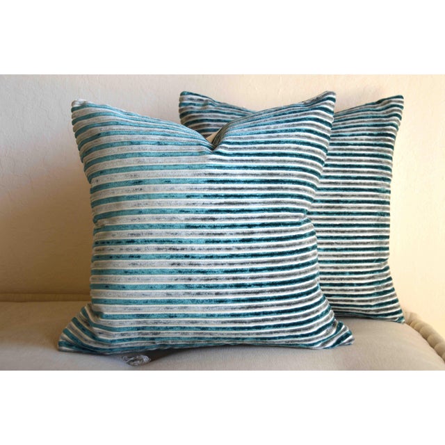 Turquoise & Grey Stripes Velvet Square Pillow Covers a Pair Chairish