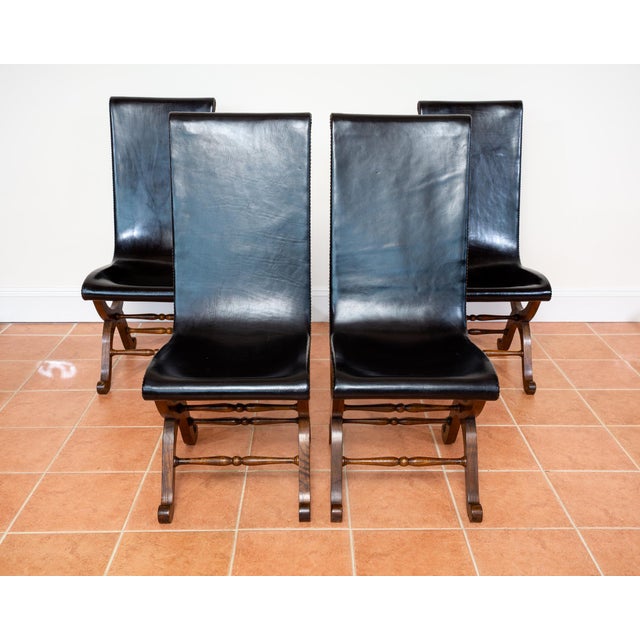 Wood Mid-Century Neo-Classical Spanish Black Leather and Oak Dining Chairs by Pierre Lottier for Valmazan, 1960s, Set of 4 For Sale - Image 7 of 18