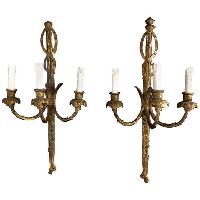 18th Century Rococo Giltwood Three-Light Wall Sconces For Sale - Image 11 of 11