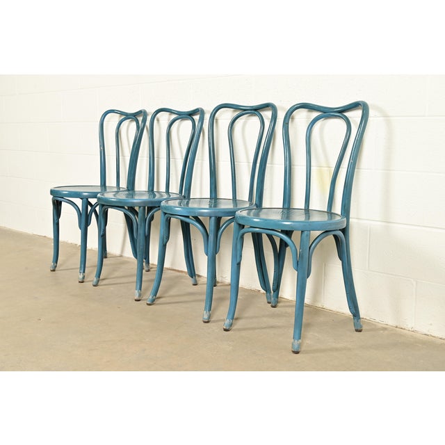 Victorian Jacob & Josef Kohn Antique Austrian Teal Lacquered Bentwood Bistro Chairs or Dining Chairs, Set of Four For Sale - Image 3 of 15
