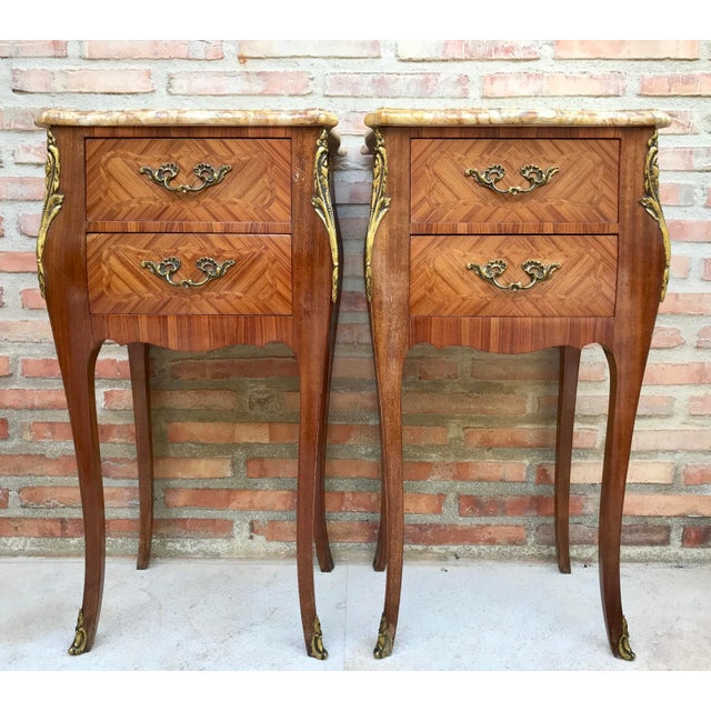 Antique Louis XV French Marquetry Marble Top Nightstands, Set of 2 For Sale - Image 17 of 17