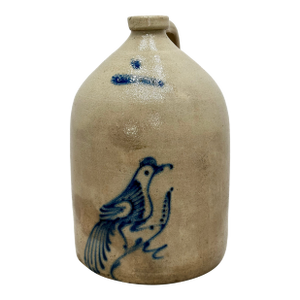 Excellent Large 3 Gallon Size Antique 1870s American Blue Bird Decorated Stoneware Jug by Whites in Utica New York
