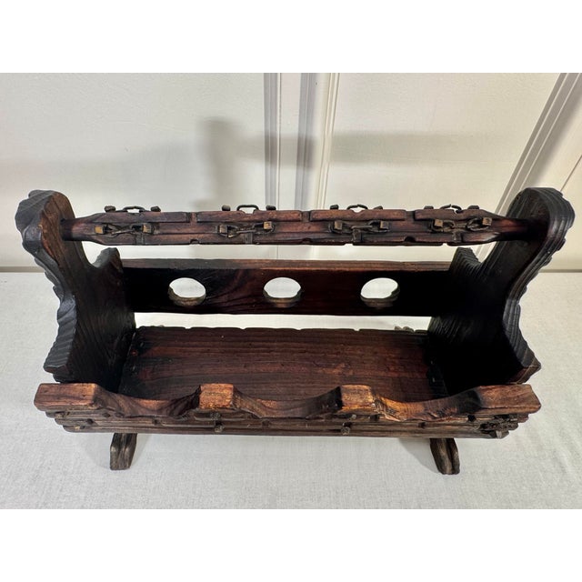 Vintage Mid Century Spanish Revival Solid Wood & Brass Three Wine Bottle Holder For Sale - Image 9 of 12