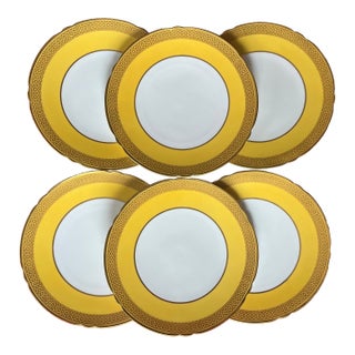 Antique Early 20th Century Spode Porcelain Yellow & Gold Honeycomb 9" China Plates - Set of 6 For Sale