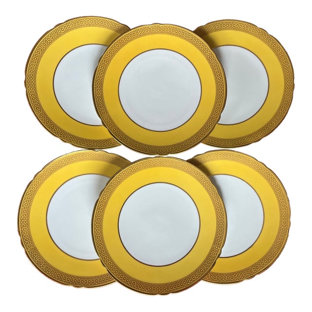 Antique Early 20th Century Spode Porcelain Yellow & Gold Honeycomb 9" China Plates - Set of 6 For Sale
